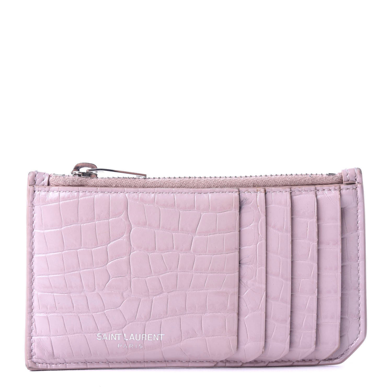 Saint Laurent Crocodile Embossed Calfskin 5 Fragments Zip Pouch Card Holder Rose Antic 1 of 6