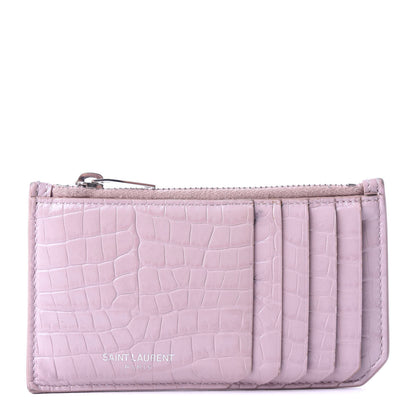 Saint Laurent Crocodile Embossed Calfskin 5 Fragments Zip Pouch Card Holder Rose Antic 1 of 6