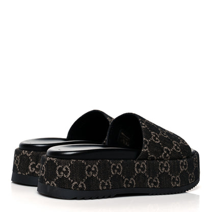 Gucci Jacquard Black Denim GG Monogram Angelina Platform 55mm Slide Sandals 38.5 Black Ivory 4 of 9