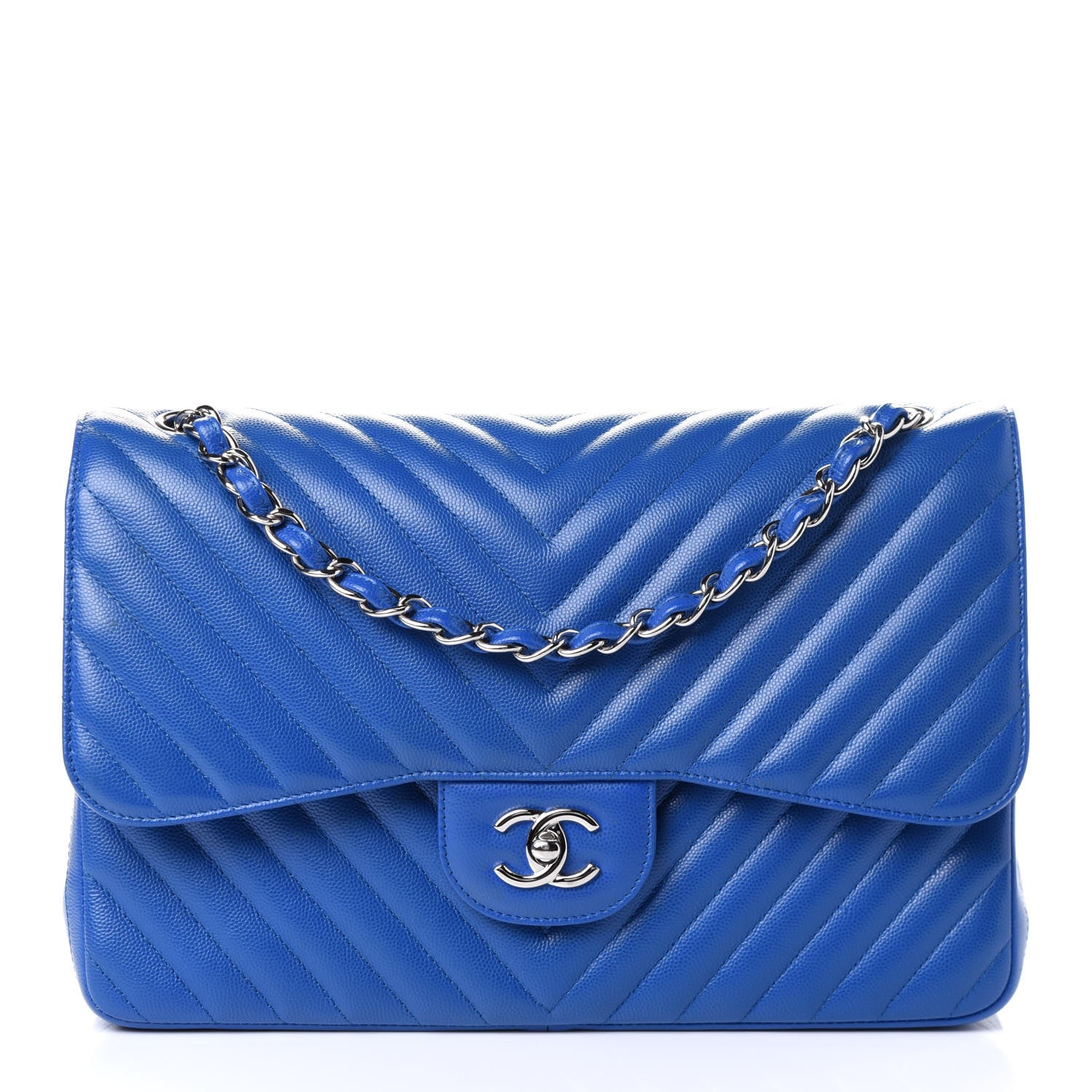 Chanel Caviar Chevron Quilted Jumbo Double Flap Bright Blue 1 of 5