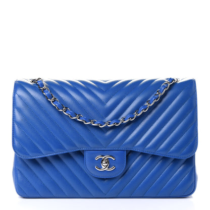 Chanel Caviar Chevron Quilted Jumbo Double Flap Bright Blue 1 of 5