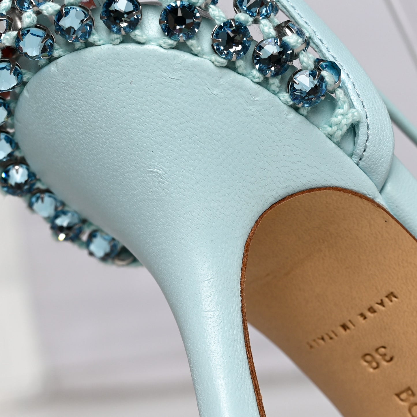 Mesh Nappa Crystal Embellished Sparkle Stretch Ankle Tie Sandals 38 Pale Blue