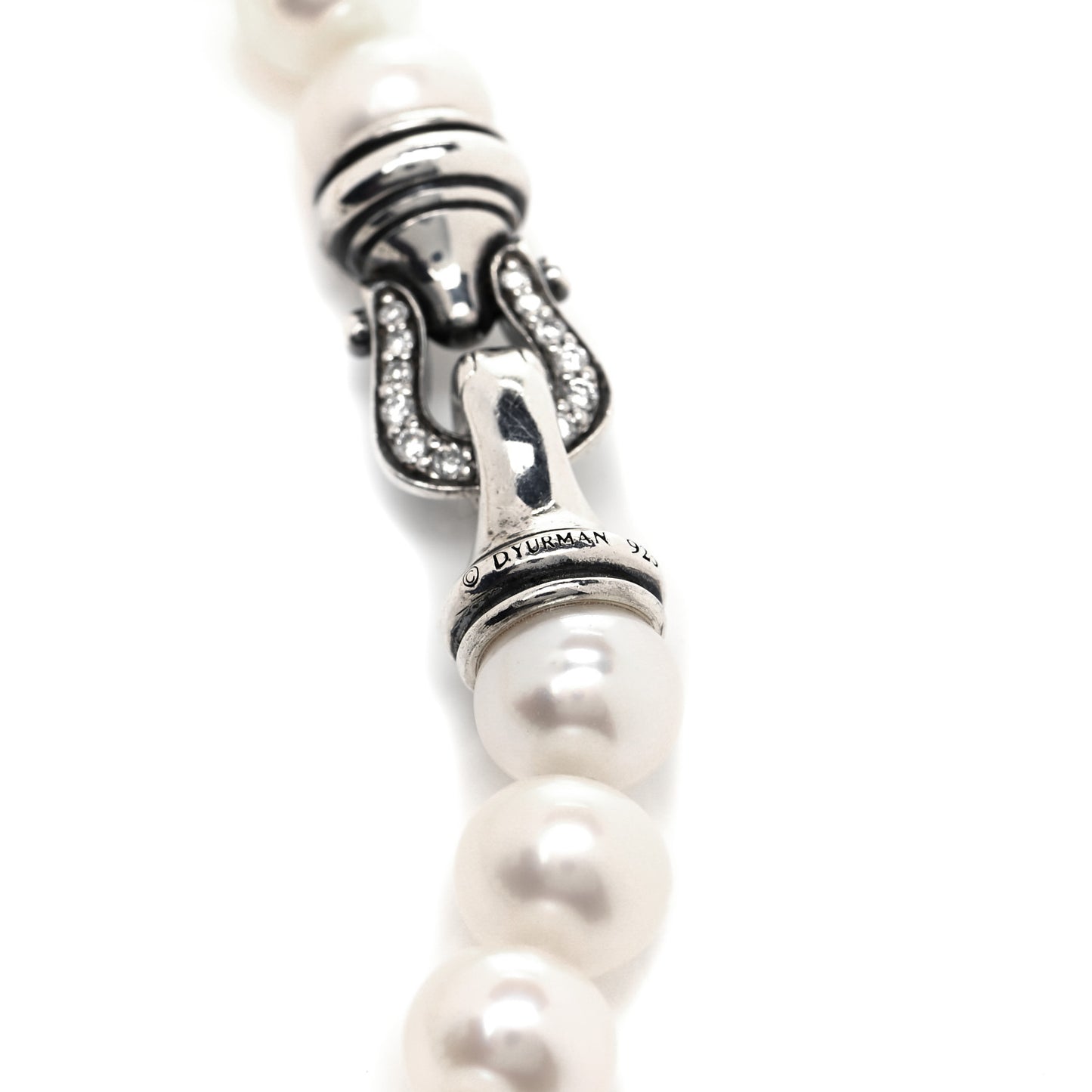 Sterling Silver Diamond Pearl 8-8.5mm Buckle Necklace 72"