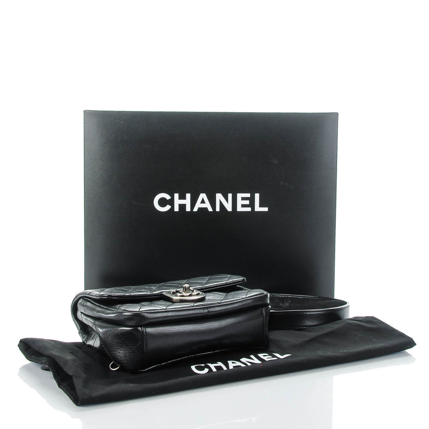 Shiny Goatskin Quilted Small Double Carry Waist Chain Flap Black