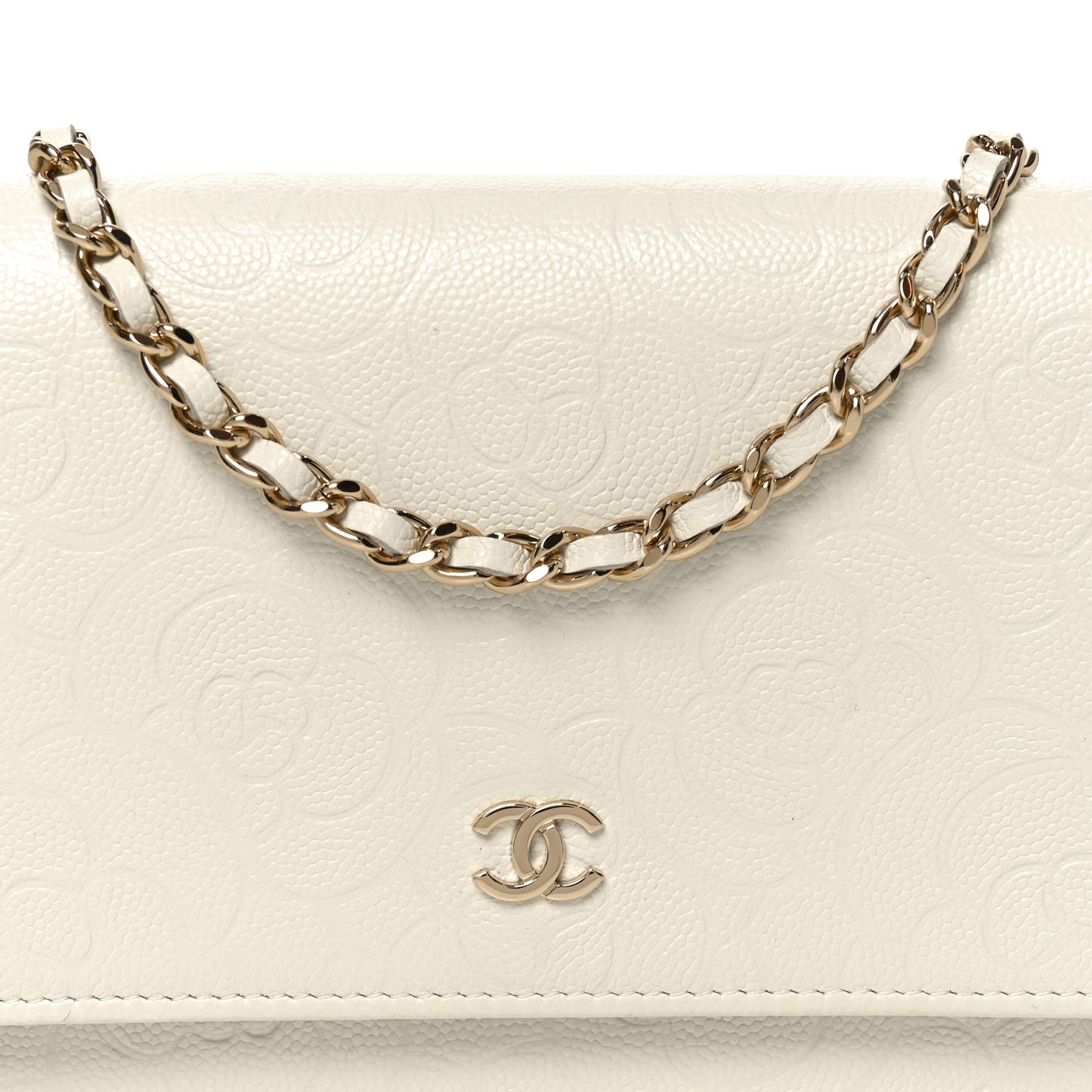 Caviar Camellia Embossed Wallet On Chain WOC White