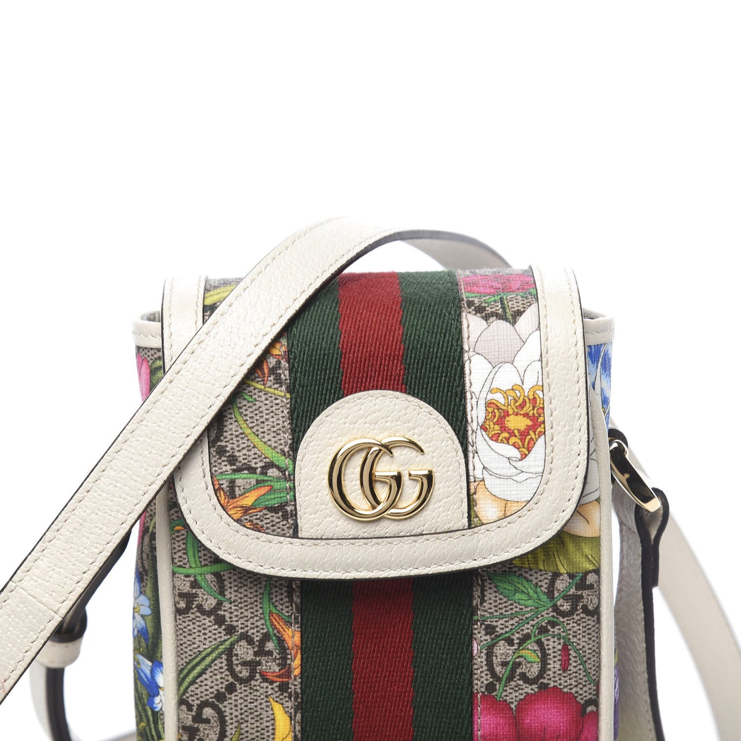 GG Supreme Monogram Flora Web Ophidia Phone Crossbody Bag White