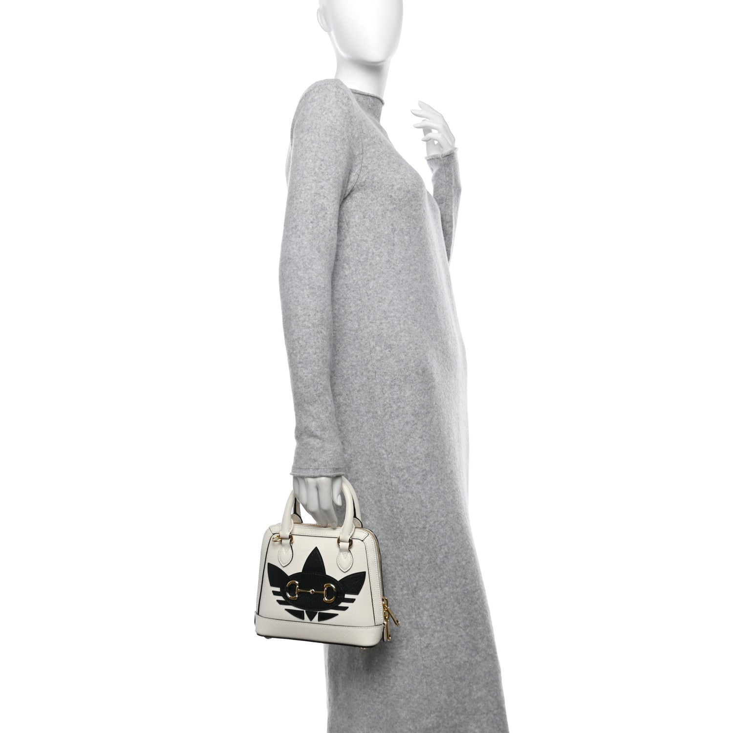 Gucci X ADIDAS Textured Dollar Calfskin Web Trefoil Mini Horsebit 1955 Top Handle Bag Off White Black 2 of 10