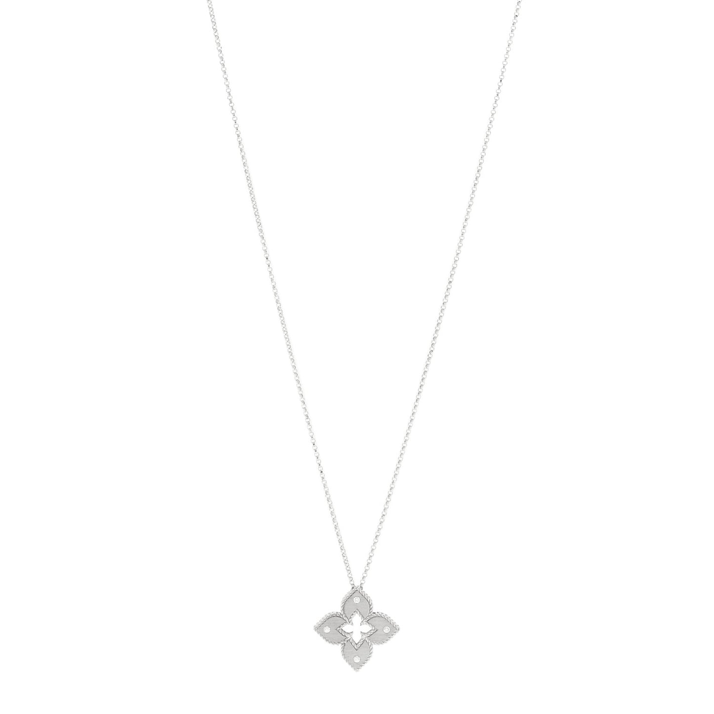 18K White Gold Diamond Petite Venetian Princess Flower Pendant Necklace