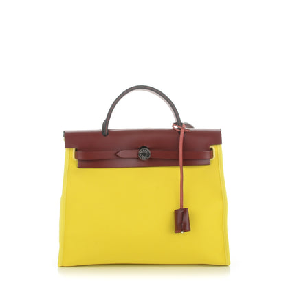 Hermes Vache Hunter Toile Herbag Zip 31 PM Lime Rouge H 1 of 9