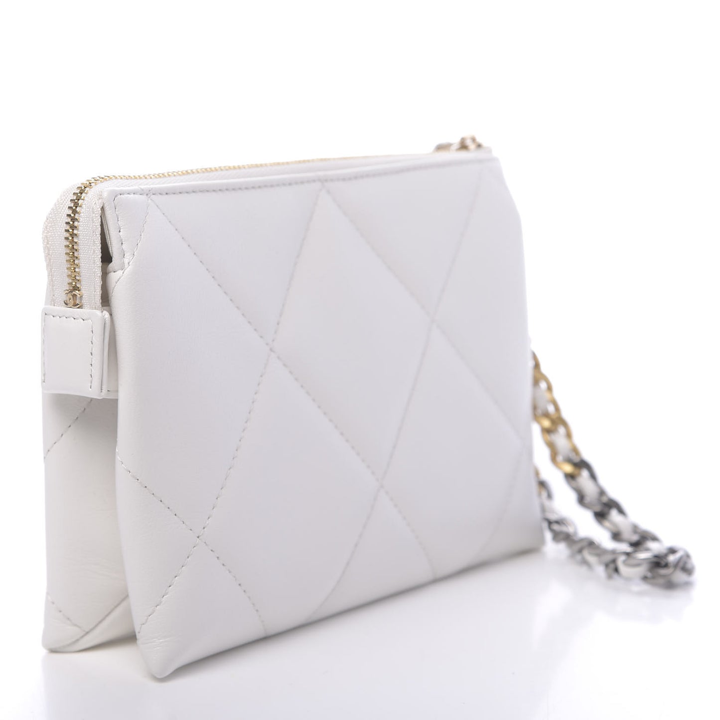 Shiny Goatskin Quilted 19 Small Pouch With Handle White