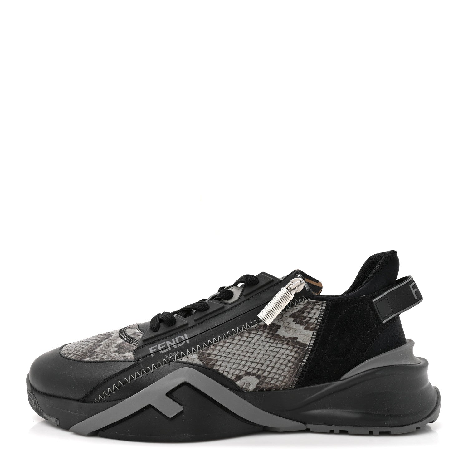 Fendi Calfskin Suede Snakeskin Mens Fendi Flow Low Top Sneakers 12 Asfalto Black Tabacco 1 of 9