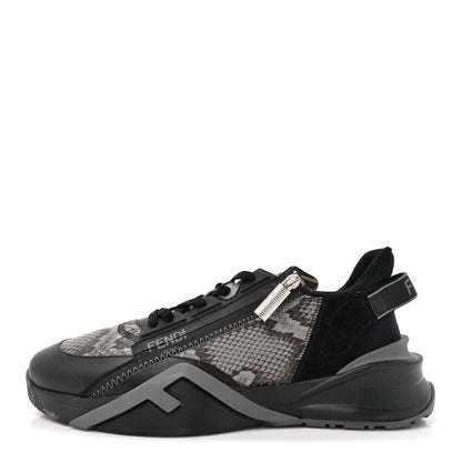 Fendi Calfskin Suede Snakeskin Mens Fendi Flow Low Top Sneakers 12 Asfalto Black Tabacco 1 of 9