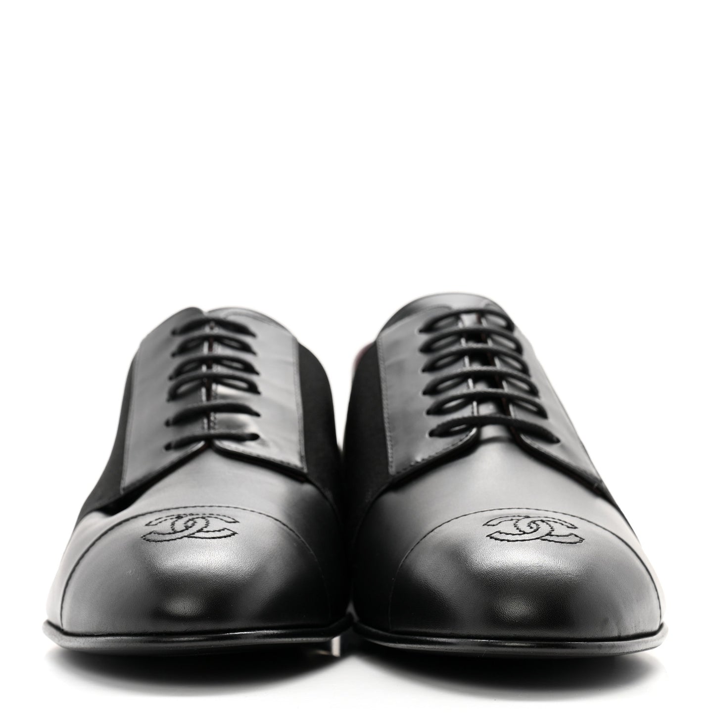 Calfskin Elastic Lace Up Cap Toe CC Loafers 40 Black