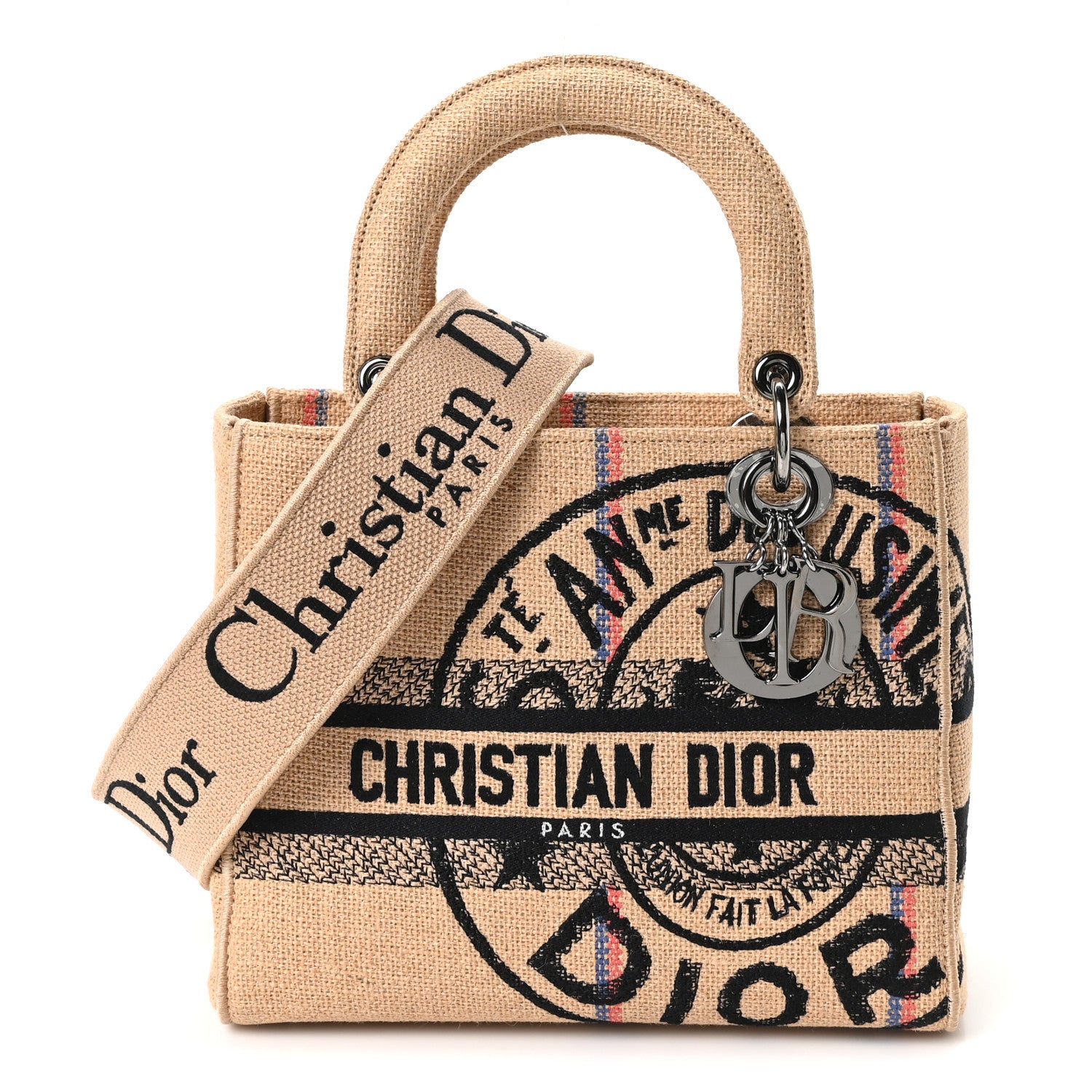 Christian Dior Canvas Jute Embroidered Medium Lady D-Lite Beige Multicolor 1 of 10