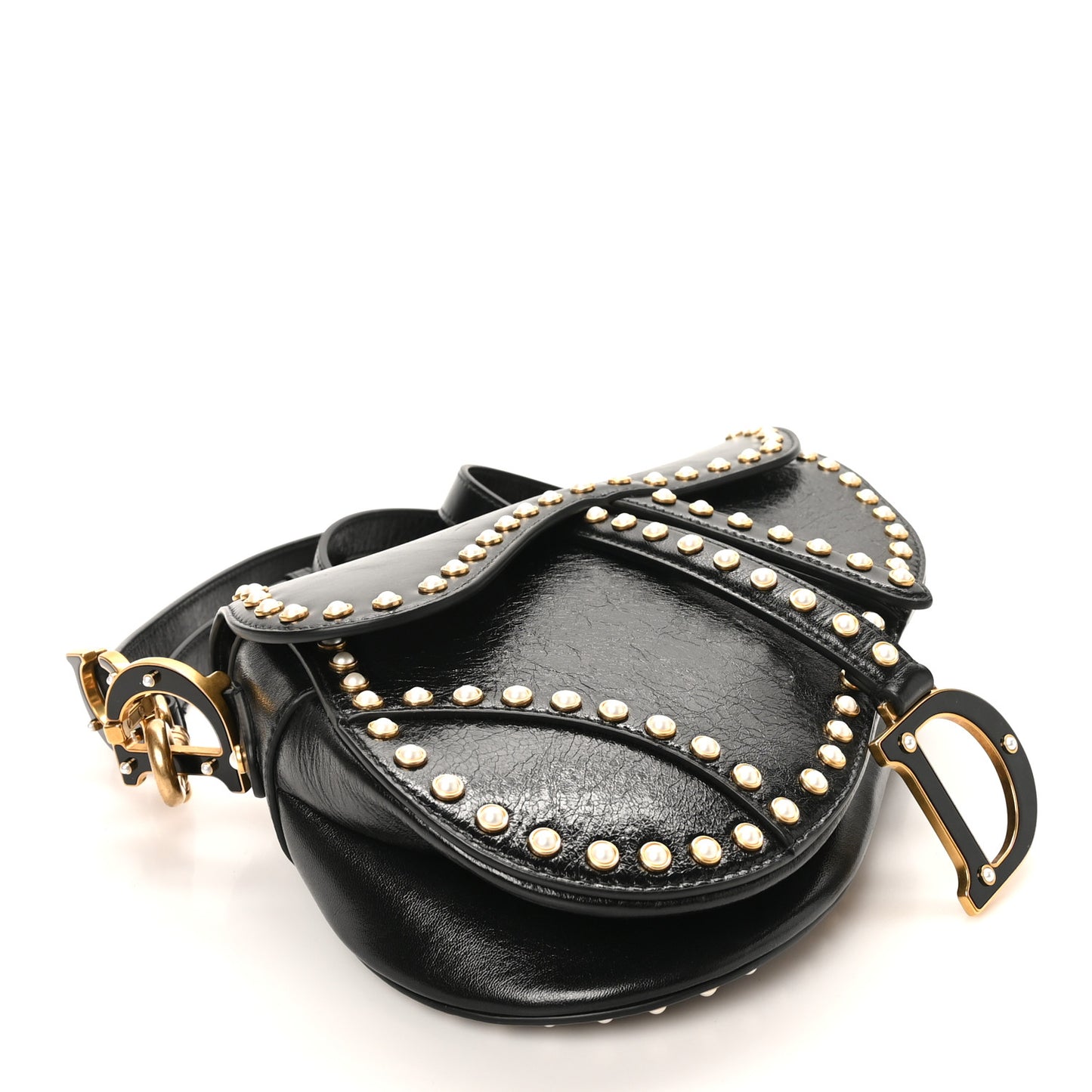 Crinkled Patent Lambskin Studded Saddle Bag With Strap Black