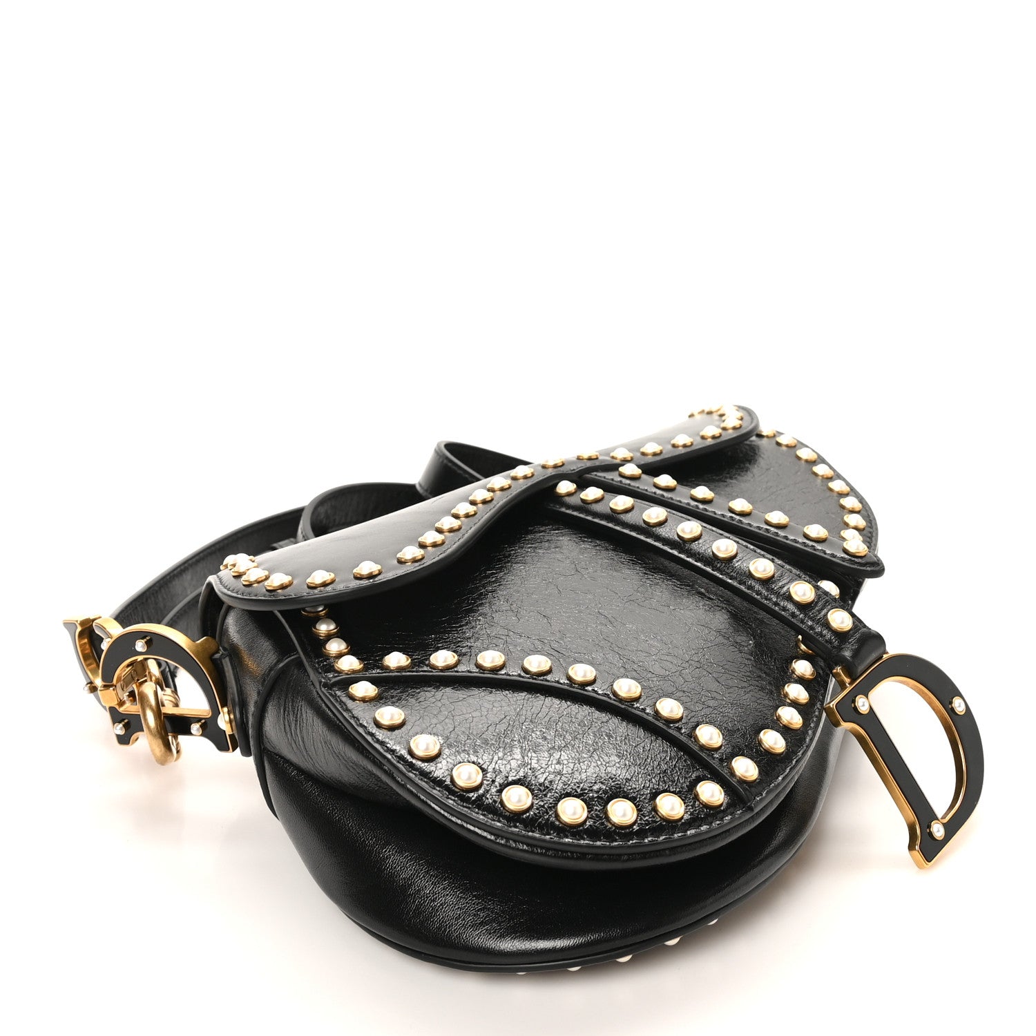 Christian Dior Crinkled Patent Lambskin Studded Saddle Bag With Strap Black 4 of 10