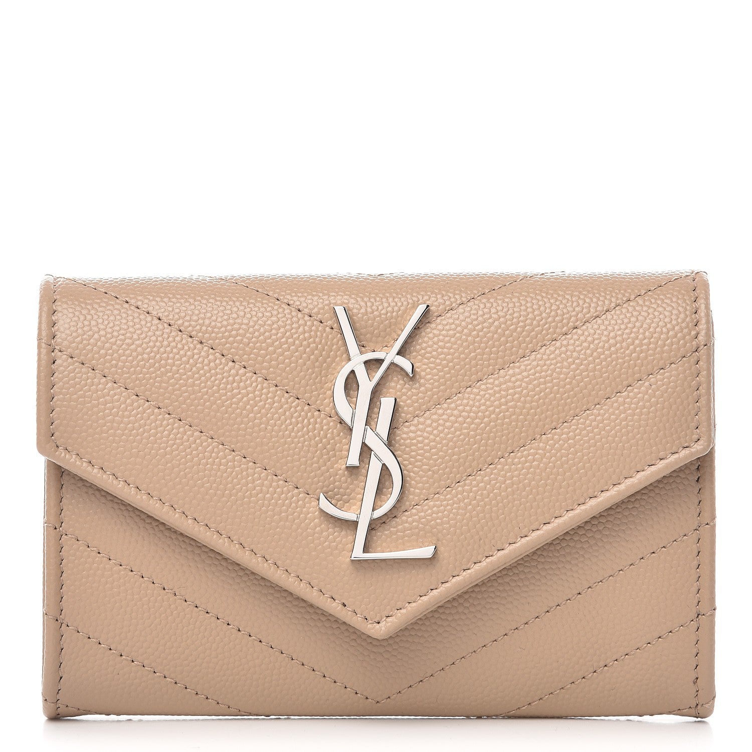 Saint Laurent Grain De Poudre Matelasse Chevron Small Monogram Envelope Wallet Dark Beige 1 of 7