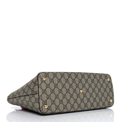 Gucci GG Supreme Monogram Moon Calfskin Small Zip Top Tote Beige Ebony Hibiscus Red New Rosette 4 of 10