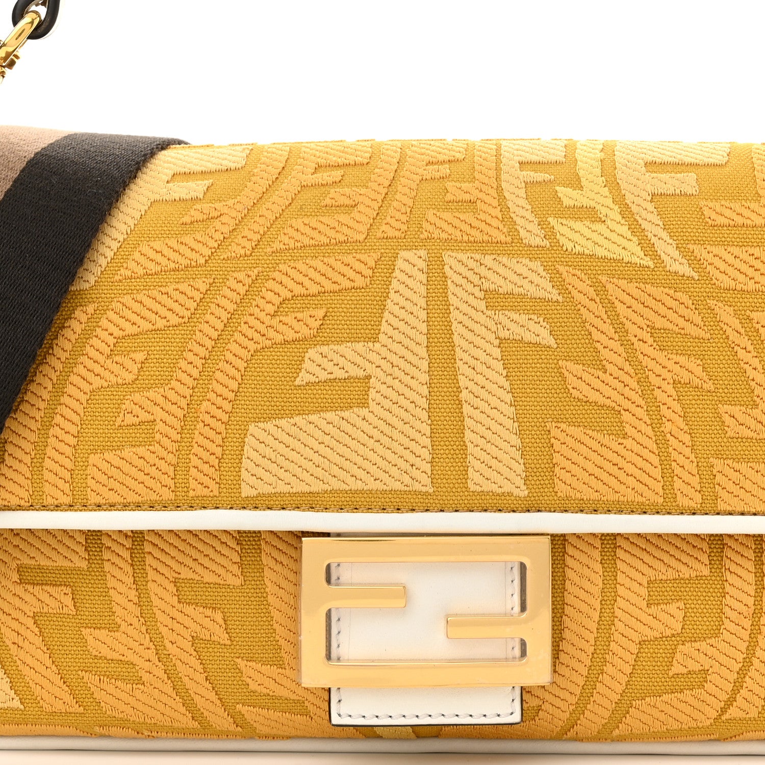 Fendi X SARA COLEMAN Canvas Vitello Seta FF Fish Eye Embroidered Baguette Mostarda White Ice 8 of 11