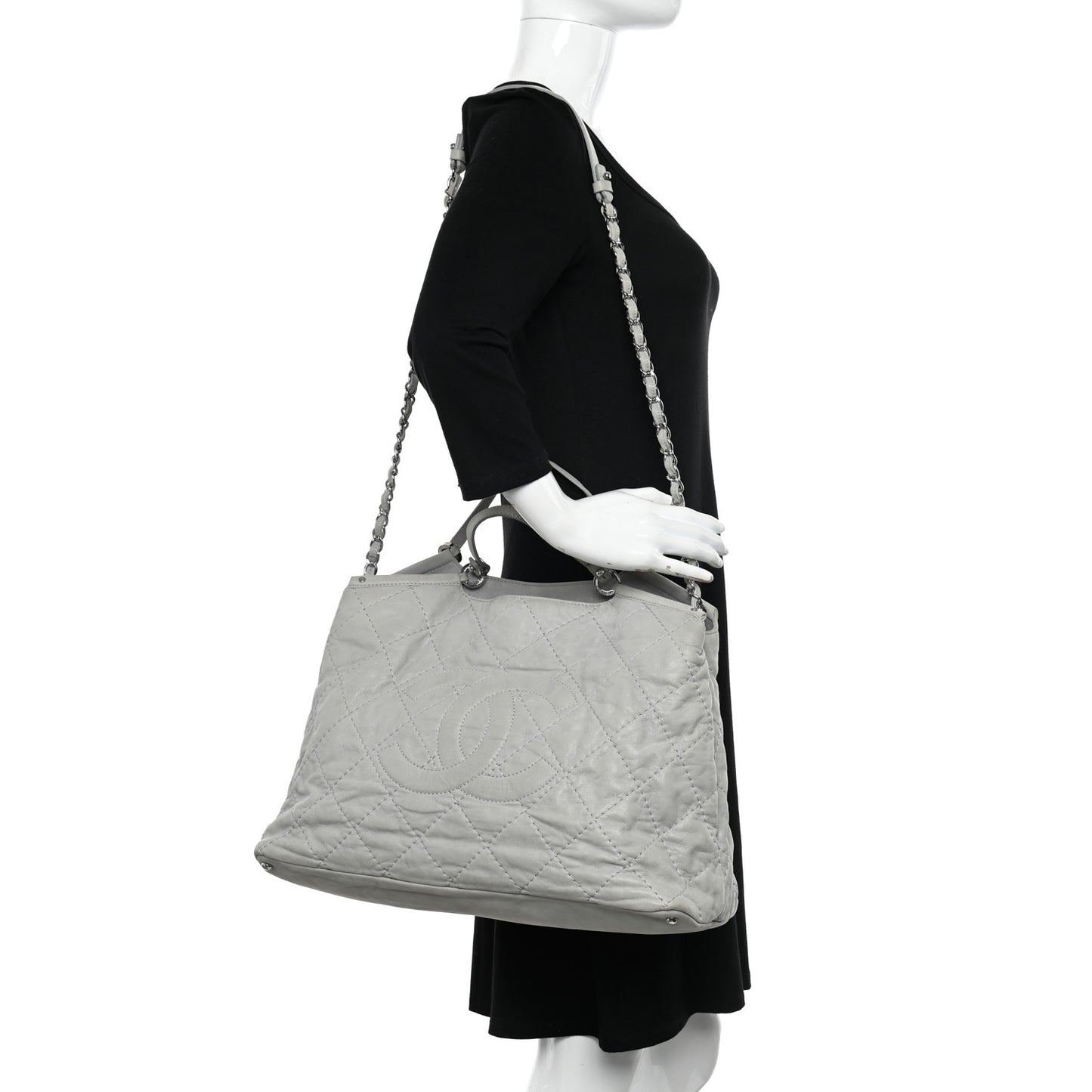 Iridescent Calfskin Diamond Stitched CC Shopping Tote Gris Clair