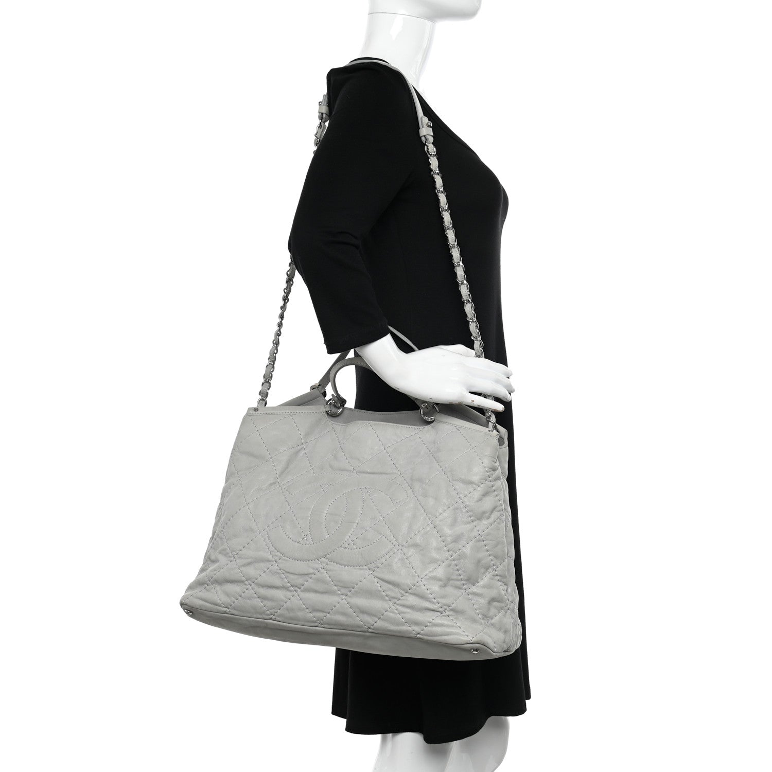 Chanel Iridescent Calfskin Diamond Stitched CC Shopping Tote Gris Clair 2 of 11