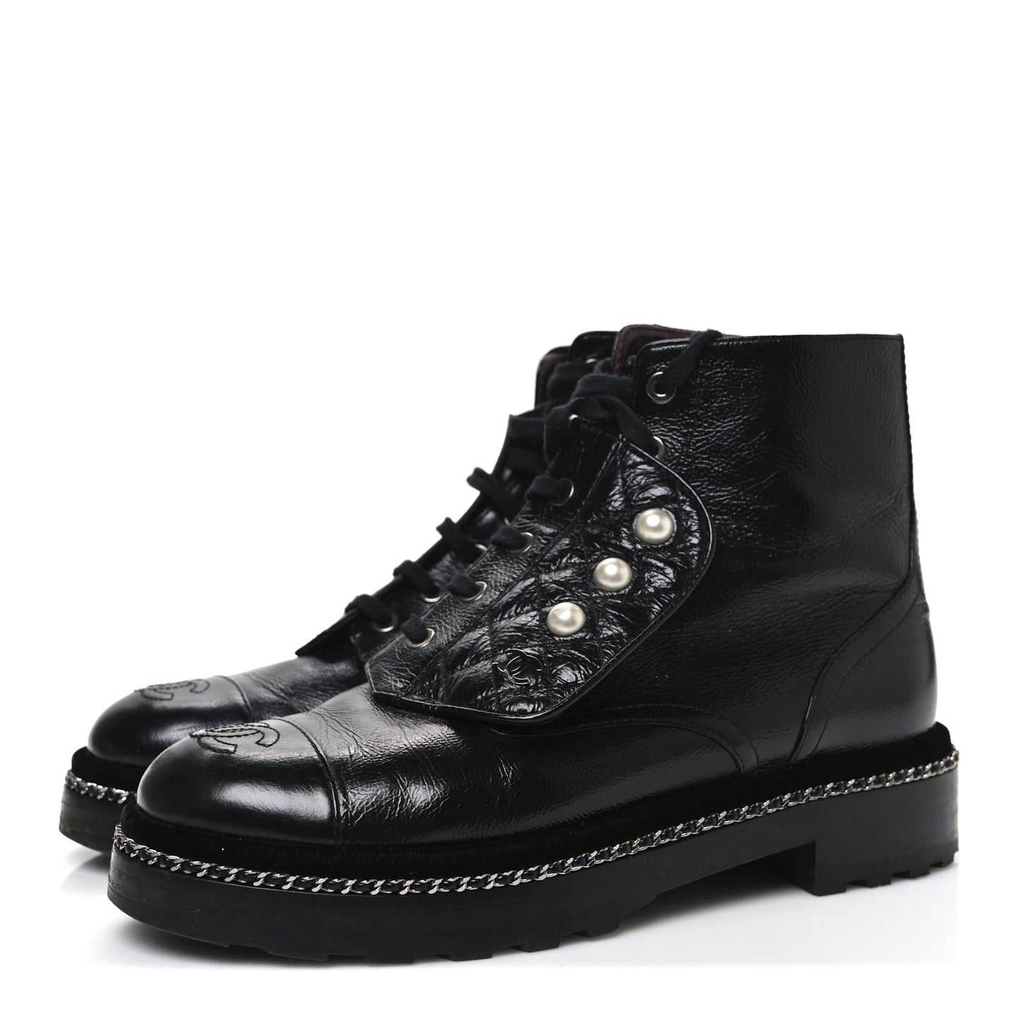 Crackled Calfskin Velvet Pearl Combat Short Boots 39 Black