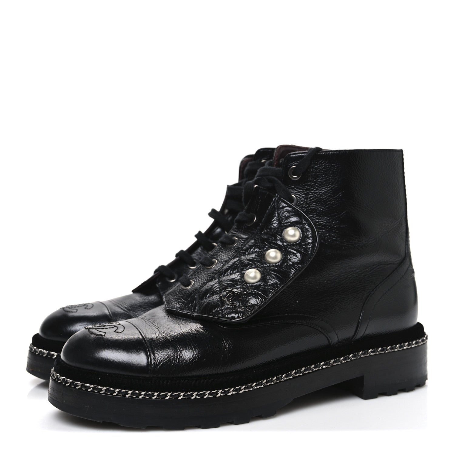 Chanel Crackled Calfskin Velvet Pearl Combat Short Boots 39 Black 4 of 11