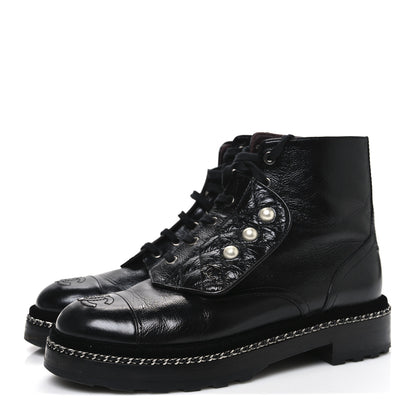 Chanel Crackled Calfskin Velvet Pearl Combat Short Boots 39 Black 4 of 11