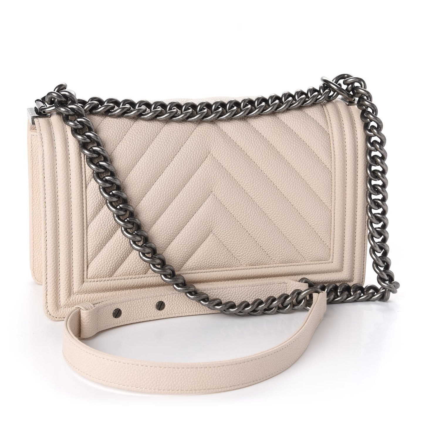 Caviar Chevron Quilted Medium Boy Flap Light Beige