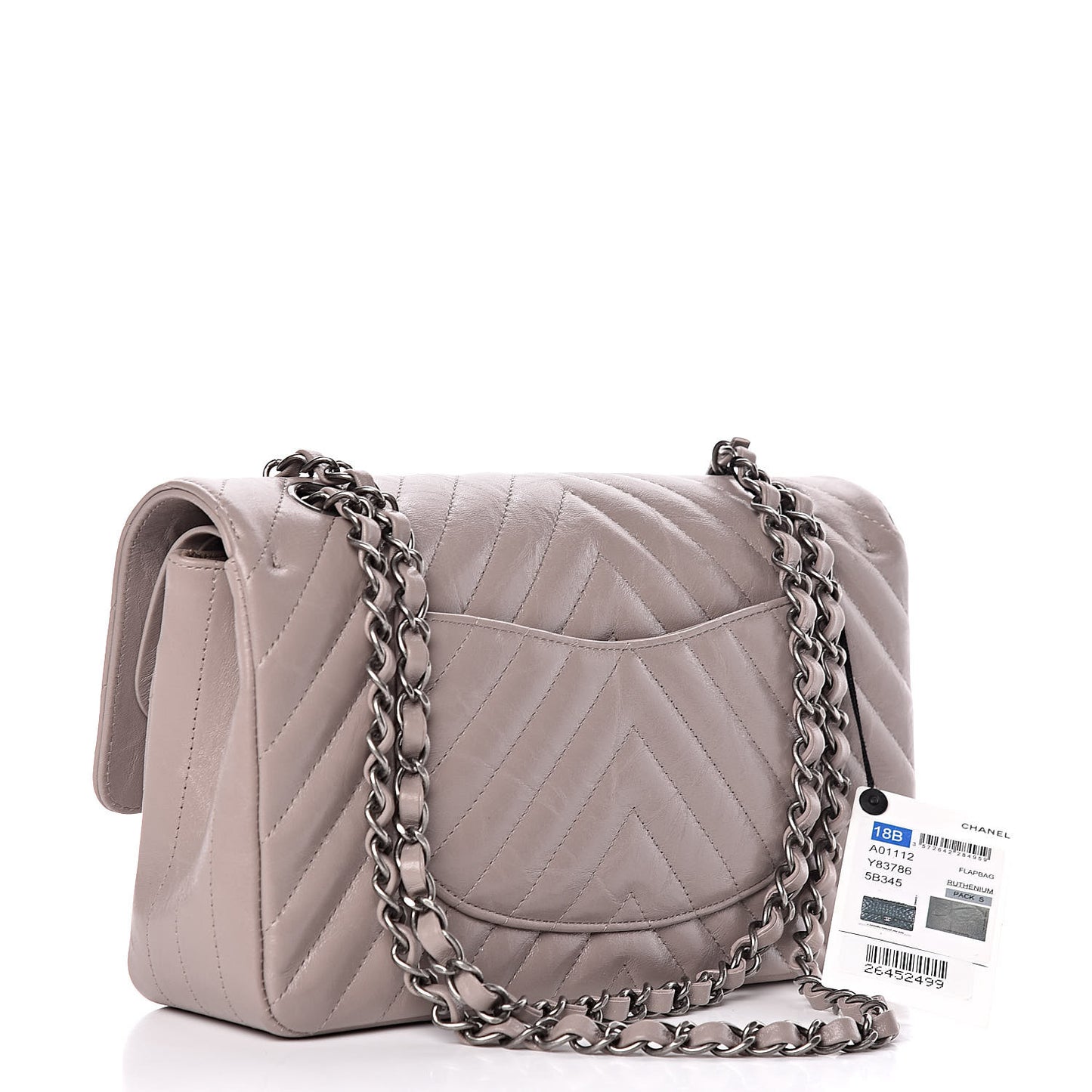 Iridescent Calfskin Chevron Quilted Medium Double Flap Grey