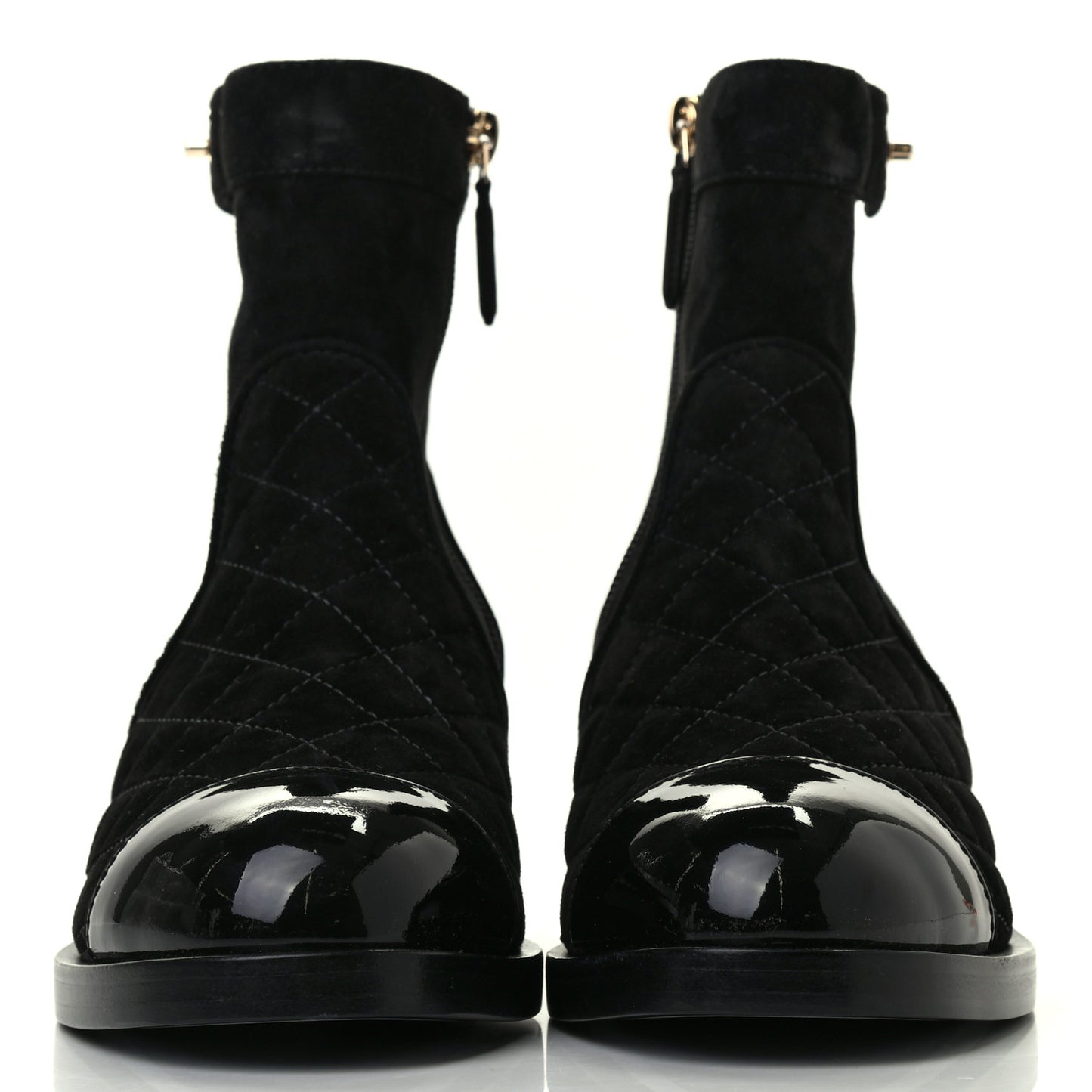 Suede Patent Calfskin Quilted Cap Toe Short Boots 37.5 Black