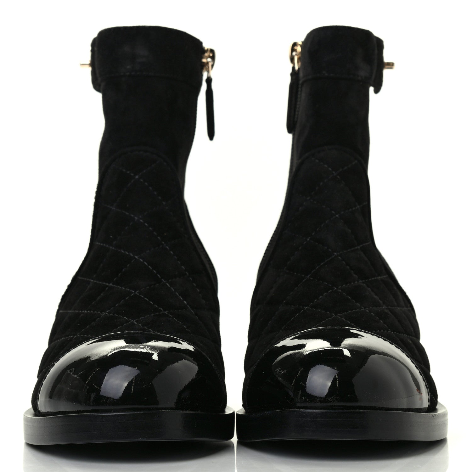 Chanel Suede Patent Calfskin Quilted Cap Toe Short Boots 37.5 Black 2 of 8