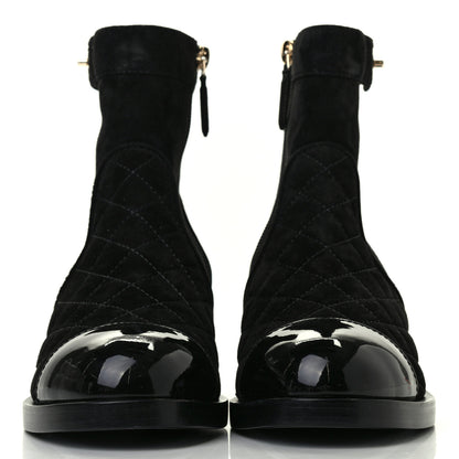 Chanel Suede Patent Calfskin Quilted Cap Toe Short Boots 37.5 Black 2 of 8