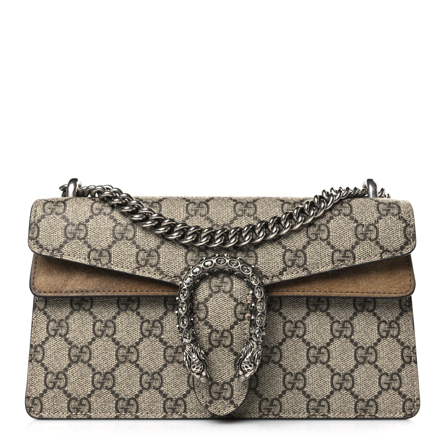 GG Supreme Monogram Suede Crystal Small Dionysus Shoulder Bag Beige Ebony Taupe