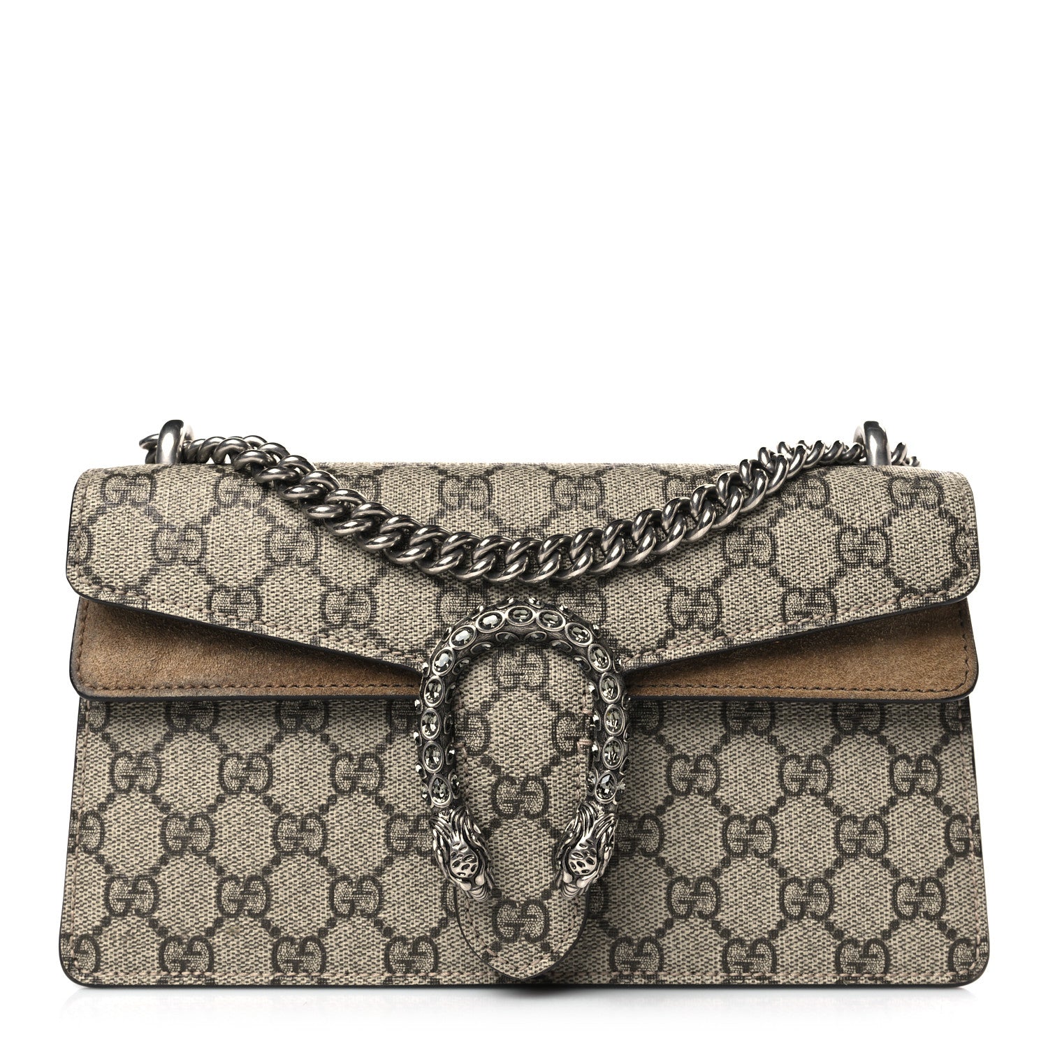 Gucci GG Supreme Monogram Suede Crystal Small Dionysus Shoulder Bag Beige Ebony Taupe 1 of 9