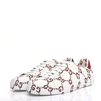 Gucci Calfskin GucciGhost Print Mens Ace Sneakers 10 White Hibiscus Red 3 of 10