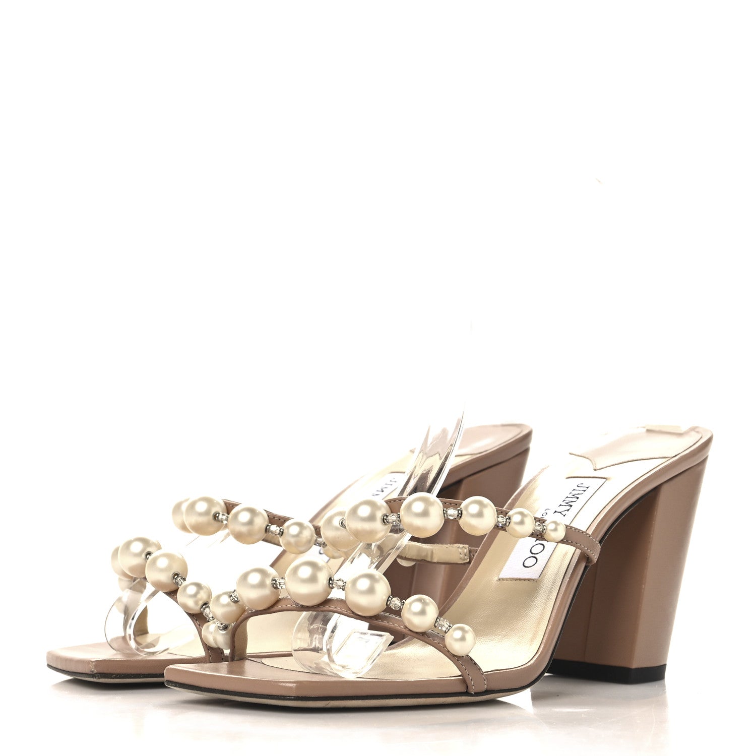 Jimmy Choo Calfskin Pearl Embellished Amara 85 Mule Sandals 38.5 Beige 4 of 8
