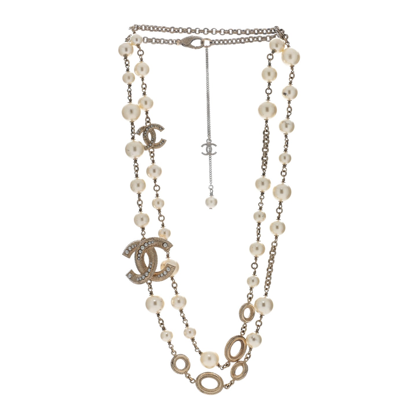 Metal Graduated Pearl Crystal CC Long Necklace Gold