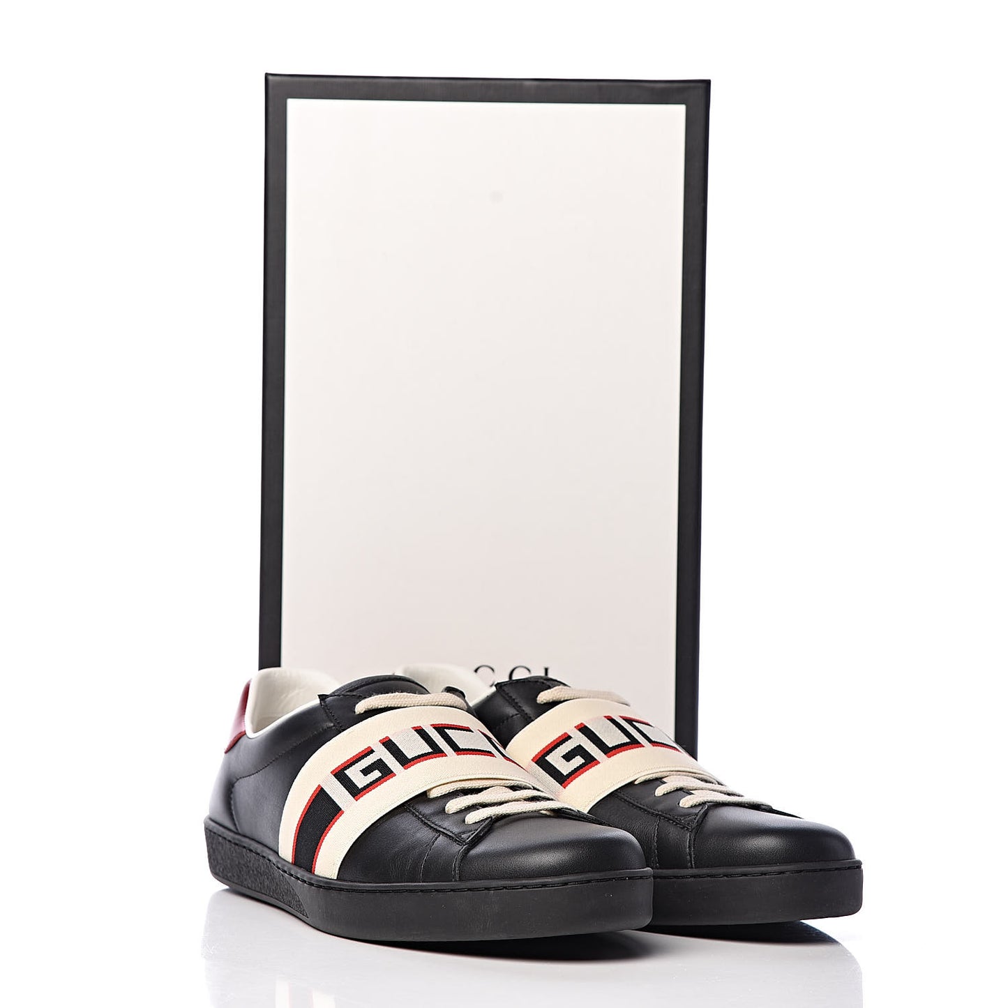 Calfskin Stripe Mens New Ace Sneakers 9 Black Ecru Red Flame