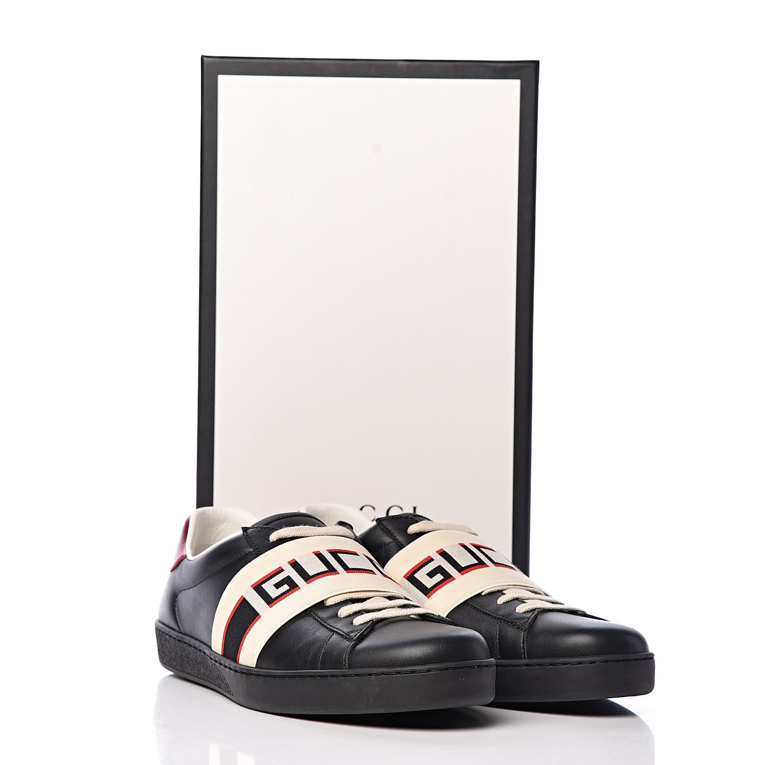 Gucci Calfskin Stripe Mens New Ace Sneakers 9 Black Ecru Red Flame 9 of 9