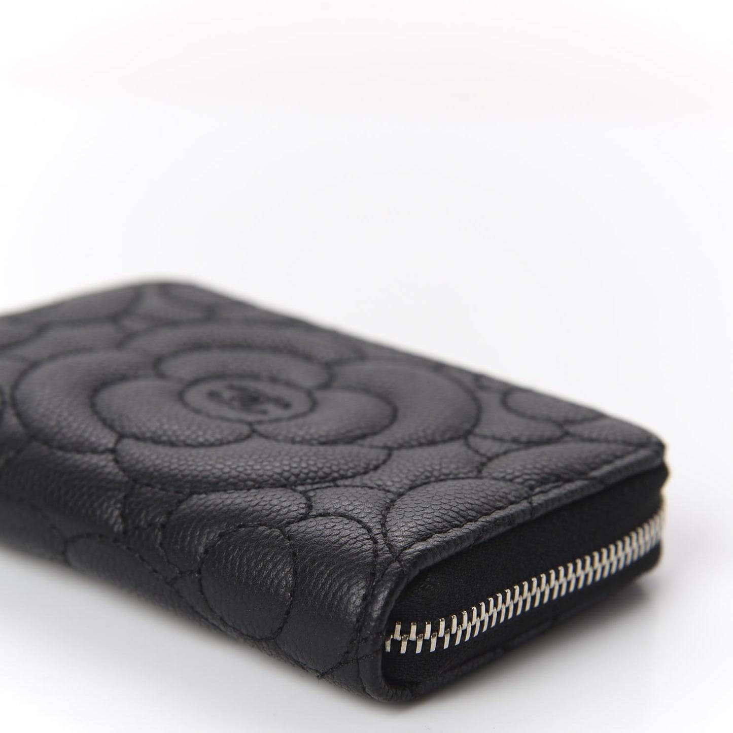 Caviar Camellia Embossed Zip Coin Purse Black