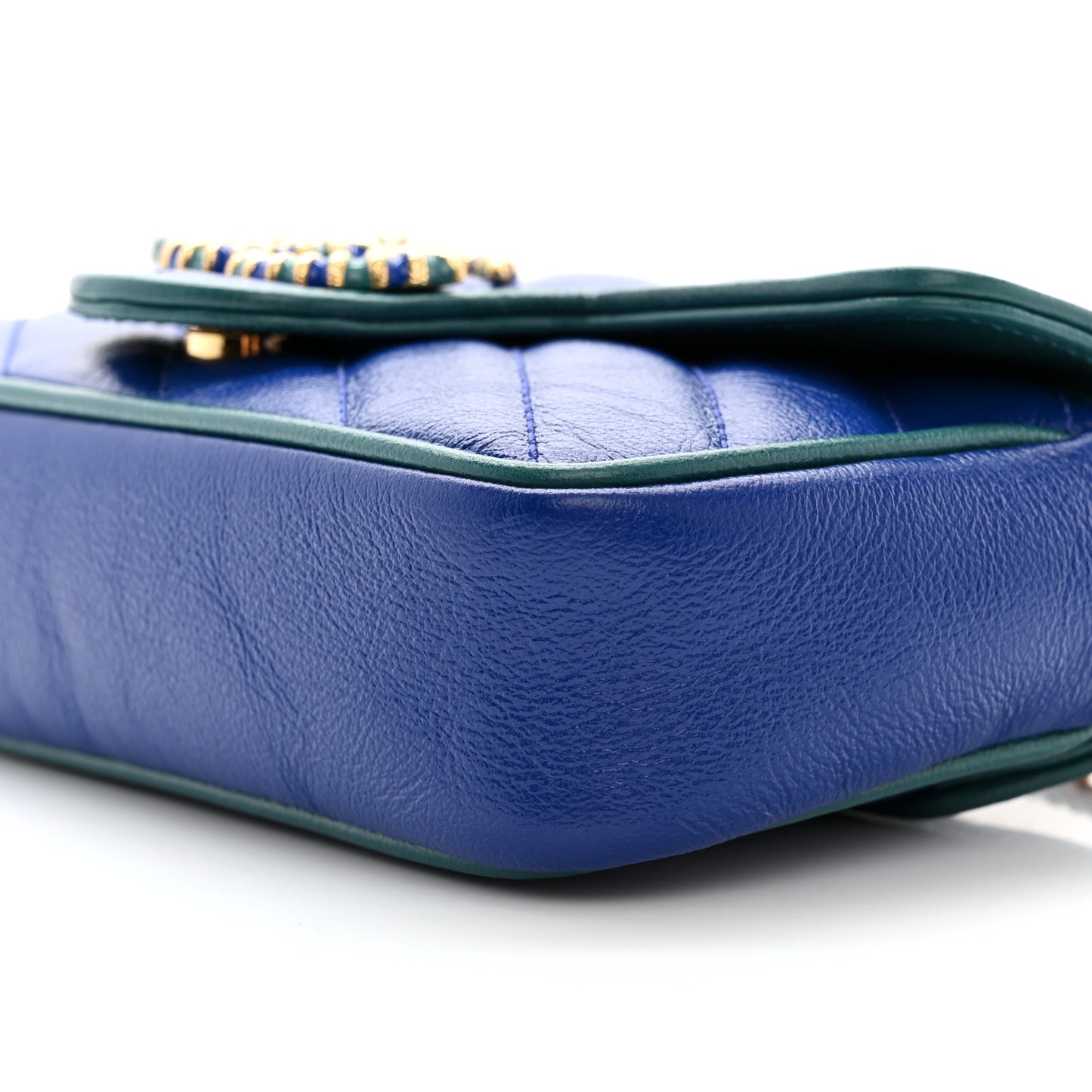 Azalea Calfskin Enamel Matelasse Diagonal Super Mini Torchon GG Marmont Shoulder Bag Imperial Blue Pavone