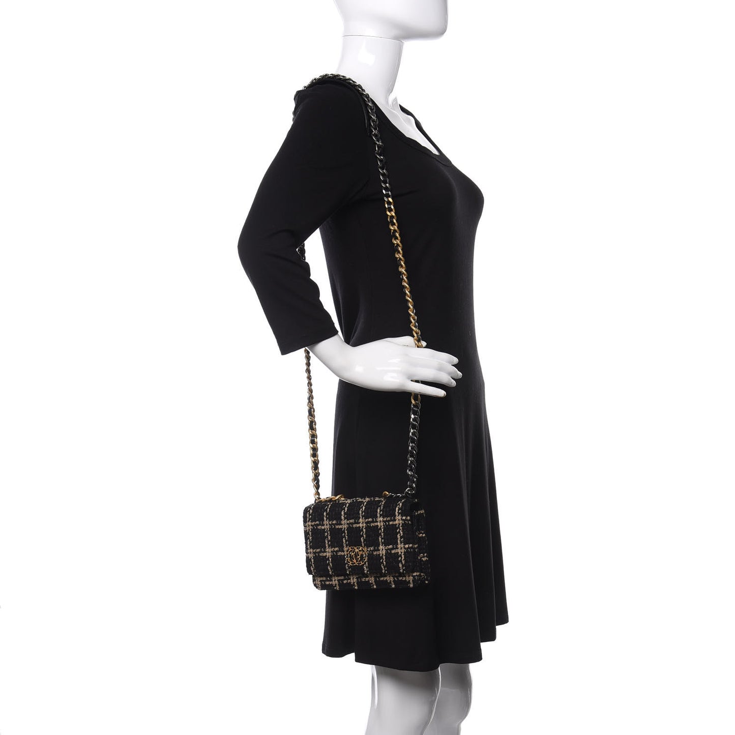 Tweed Quilted Chanel 19 Wallet On Chain WOC Black Beige