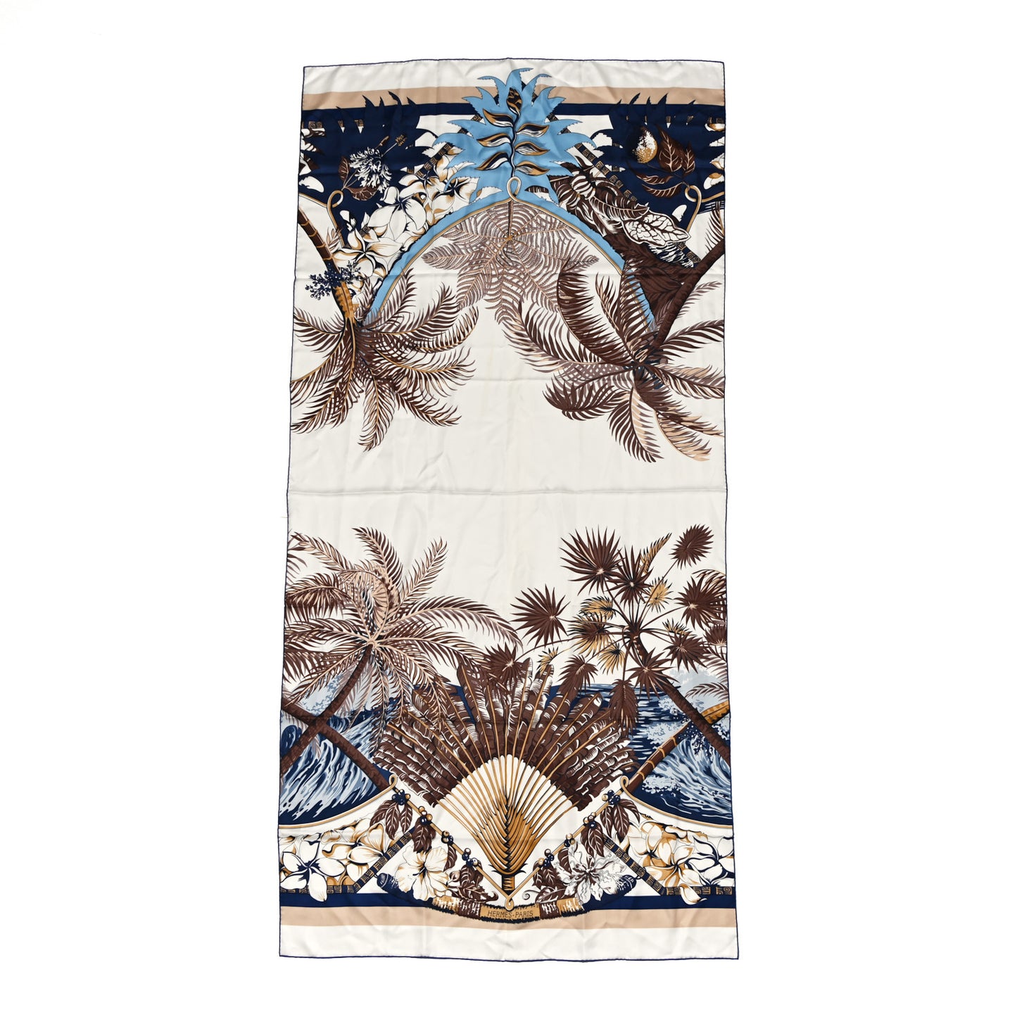 Silk Twill Imprime Aloha Double Scarf Stole White  Marron Glace Marine