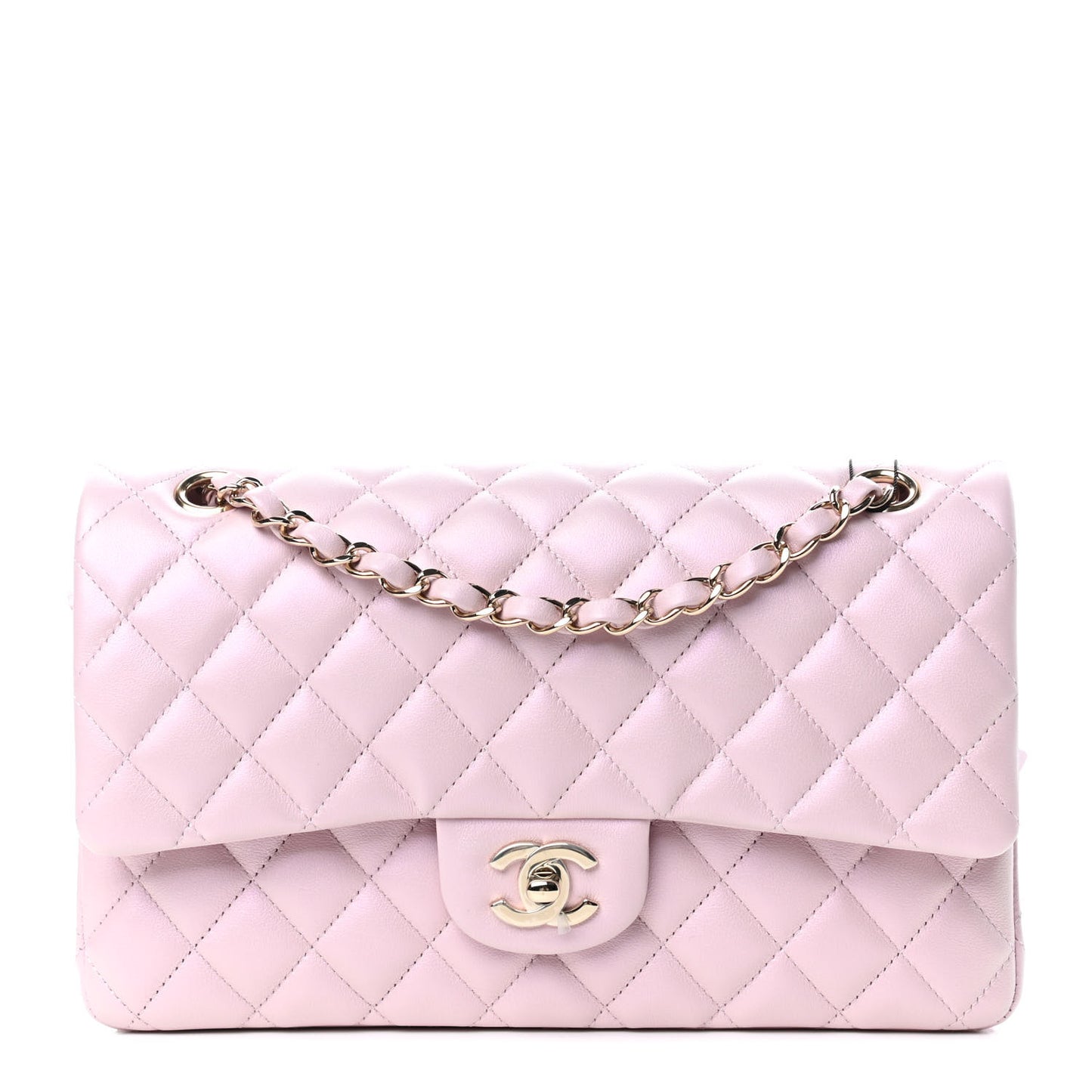 Iridescent Calfskin Quilted Medium Double Flap Light Pink