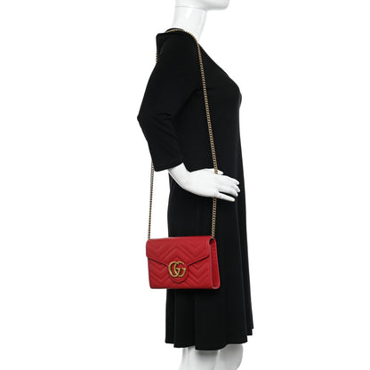 Gucci Calfskin Matelasse GG Marmont Chain Wallet Hibiscus Red 2 of 12