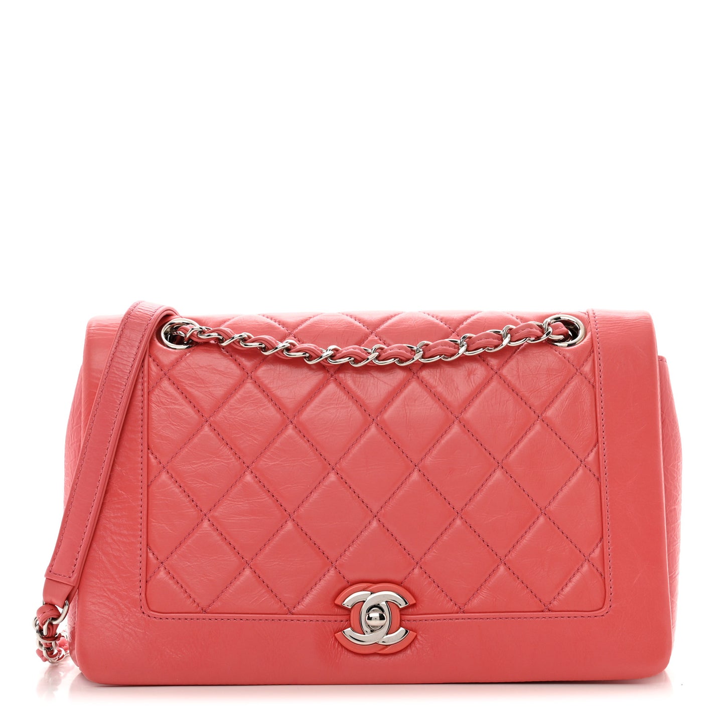 Distressed Calfskin Quilted Enamel CC Single Flap Bag Pink