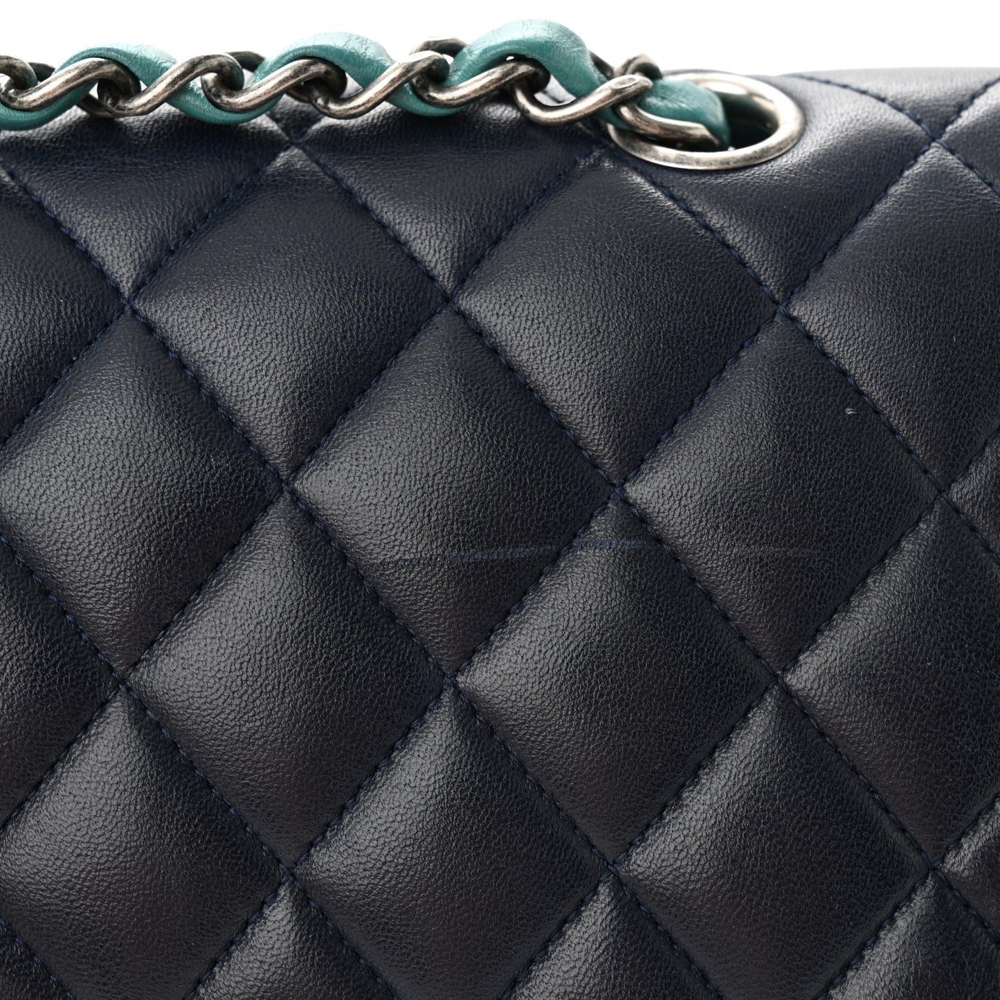Lambskin Quilted Tri-Color Medium Double Flap Navy Blue Green
