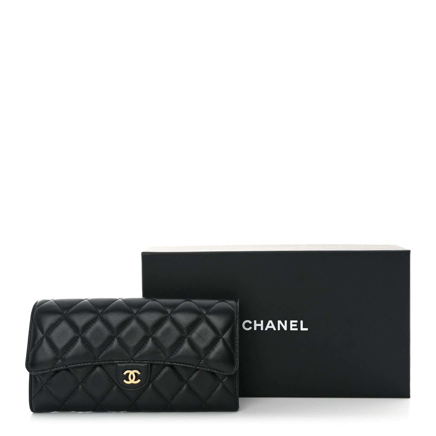 Lambskin Quilted Large Gusset Flap Wallet Black