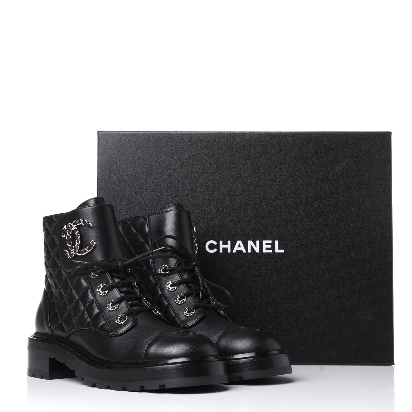 Shiny Lambskin Quilted Lace Up Combat Boots 39 Black